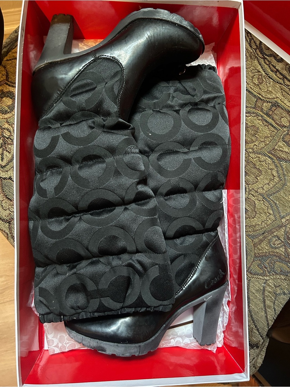 Coach Black Quilted Logo Knee-High Heeled Boots